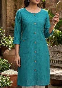 Teal Striped Button-Front Kurta