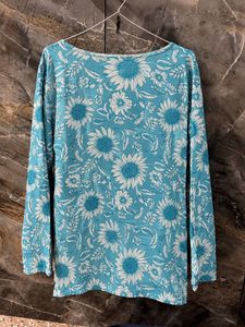 Teal Floral Printed Long-Sleeve Kurti