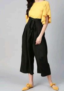 Chic Yellow Top & Black Wide-Leg Pants Set