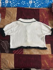 White Cropped Cardigan with Black Trim
