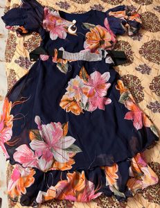 Navy Floral Print Gown with Embellished Belt