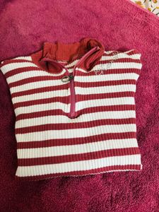 Striped Collared Zip-Up Top