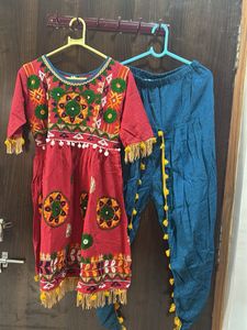 Embroidered Tomato Red Kurta Set with Blue Pants