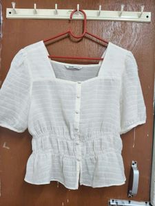 White Square Neck Smocked Top