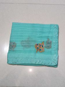 Beautiful Teal Saree with Leaf Embroidery