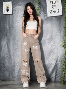 SHEIN Butterfly Distressed Wide Leg Jeans