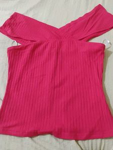 Hot Pink Ribbed Off-Shoulder Top