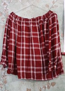 Maroon Plaid Off-Shoulder Top