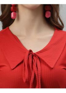 Vibrant Red Puff Sleeve Collared Crop Top
