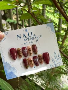 Burgundy Floral Gold Press-On Nails