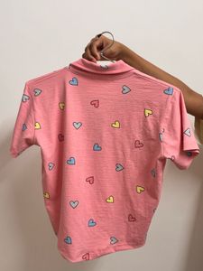 Cute Pink Heart Print Polo T-Shirt