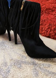 Black Boot Pencil Heels Fringe Style