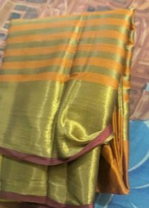 Vibrant Orange Saree with Golden Stripes