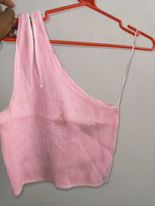 Pink One Shoulder Ribbed Tank Top