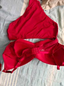 Red Lace Trim Bra &amp; Panty Set