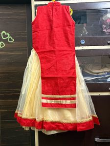 Cute Red &amp; Cream Girls' kurti cut lehenga