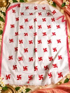 White Red Swastik Print Saree