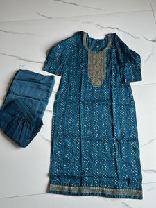 Teal Kurta Set with White Print