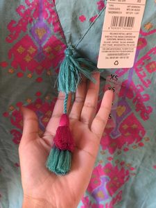 Teal Floral Print Tassel Kurta