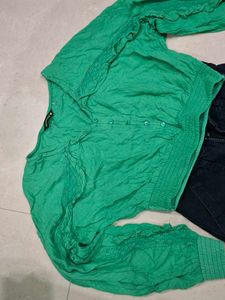 Green Button-Up Cropped Blouse
