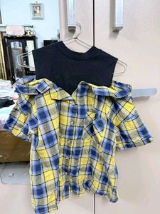 Yellow &amp; Blue Plaid Cold Shoulder Top