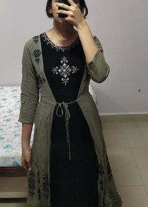 Stylish Black Kurta With Olive Green Shrug