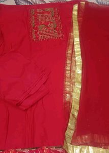 unstitched Red Embroidered Kurta Set