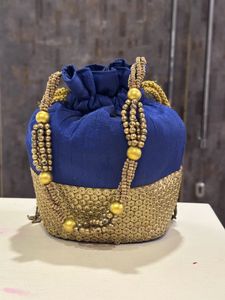 Designer Embellished Potli Bag – Royal Blue & Gold
