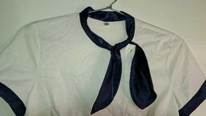 Professional White Blouse with Navy Necktie Trim