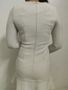 Chic White Textured Long Sleeve winter Dress