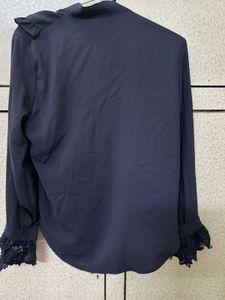 Elegant Navy Blue Lace Cuff Blouse