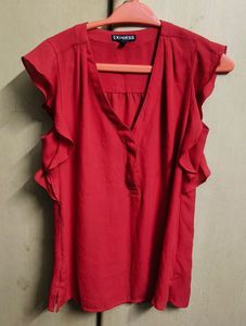 Chic Red Ruffle Sleeve V-Neck Top