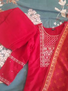 Red Kurta Set with White Embroidery