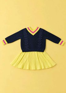 NAVY BLUE KNIT TOP WITH LEMON YELLOW PLEATED SKIRT