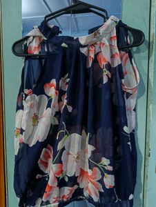 Floral Sleeveless Navy Blue Top