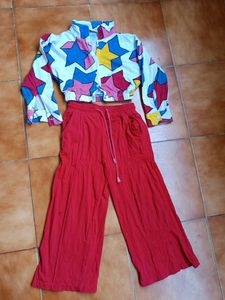 Star Print Cropped Jacket & Red Palazzo Set