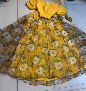 Yellow Floral Print Lehenga Choli Set