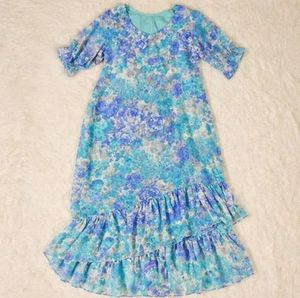 Blue Floral Midi Dress with Ruffles