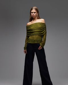 Zara Lime Green Ruched Off-Shoulder Top