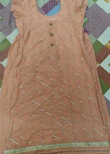 Elegant Peach Kurta Set with Silver Stripes