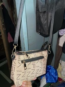 Stylish Cream &amp; Black Logo Handbag
