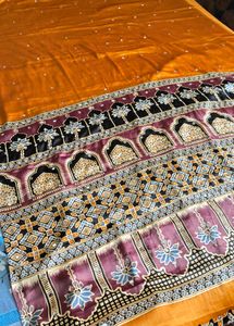 Golden Ajrakh Modal Saree with Mirror work