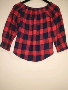 Off Shoulder Red &amp; Navy checkered Top