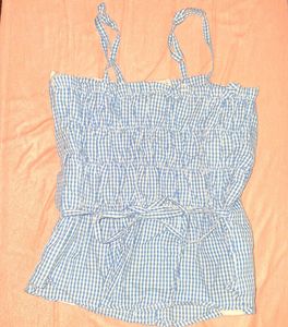Blue Gingham Crop Top with Lace
