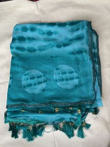Teal Tie-Dye Dupatta with Tassels