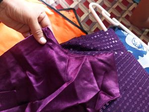 Purple Sequin Saree with stylish  stitch blouse