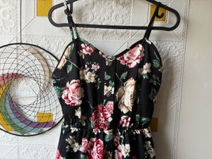 Black floral A-line Dress with Pockets