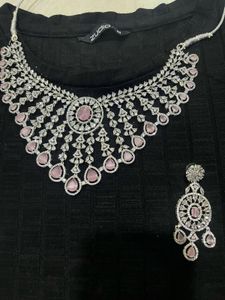Elegant CZ &amp; Pink Stone Necklace Set