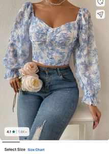 Casual Bishop sleeves Floral print women blue top
