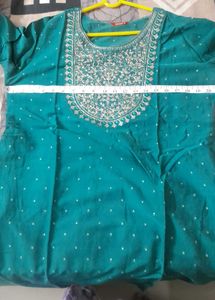 Teal Kurta with Intricate Neck Embroidery and mela